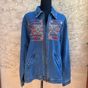 Vintage 90’s Agapo Collection Embroidered Southwestern Zippered Denim Jacket